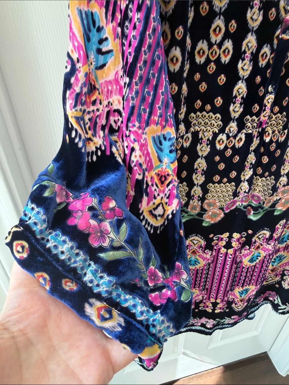 Johnny Was Black Velvet Midi Dress with Pink and Blue Floral Print - Picture 2 of 4